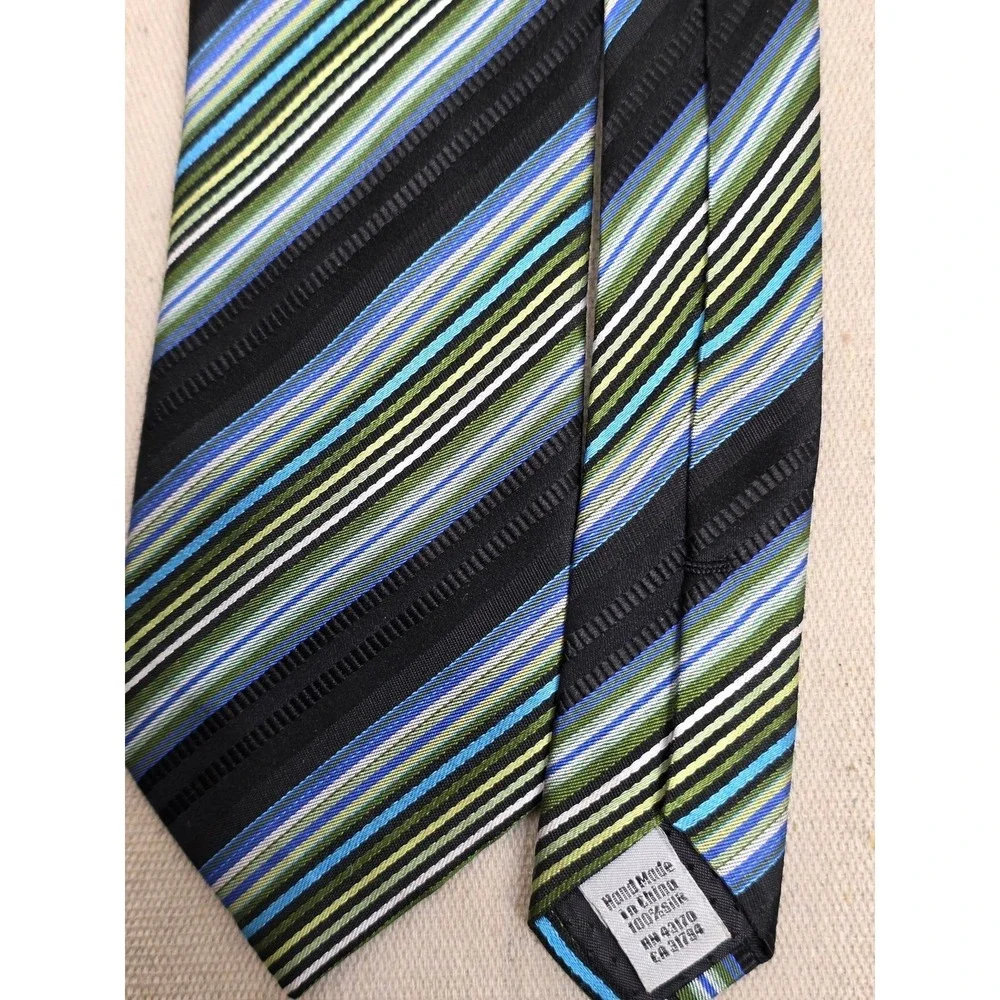 Geoffrey Beene Mens Silk Necktie Blue Green Black Diagonal‎ Striped Hand Made
